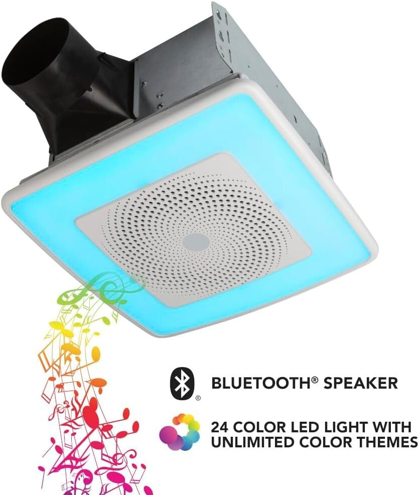 Ultra-Quiet Bathroom Exhaust Fan with Color LED Light & Bluetooth Speaker