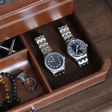 Load image into Gallery viewer, 12 Slot Leather Watch Box &amp; Slide Out Drawer - Luxury Organizer in Tan/Brown