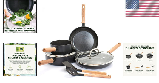 Elegant Hudson Vintage Wood Inspired Cookware Set - 8 Pieces, Nonstick & Safe