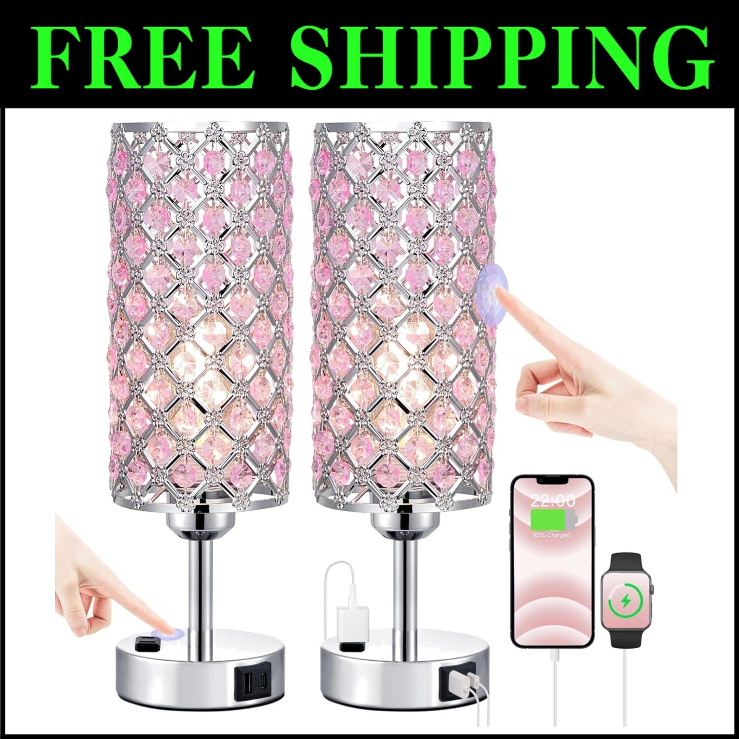 Modern 2-Pack Dimmable Touch Crystal Table Lamps with USB Charging Ports