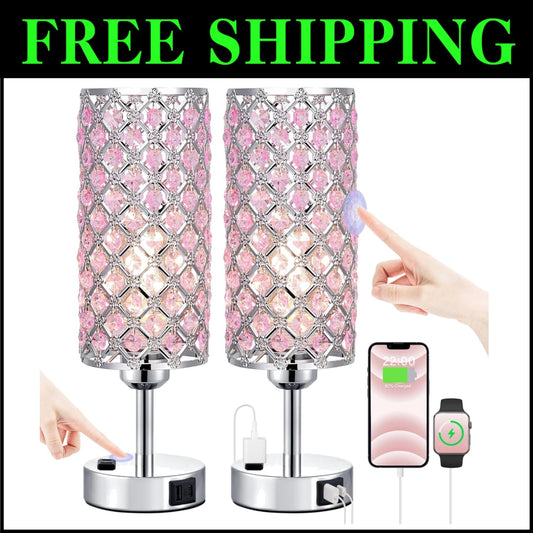 Modern 2-Pack Dimmable Touch Crystal Table Lamps with USB Charging Ports