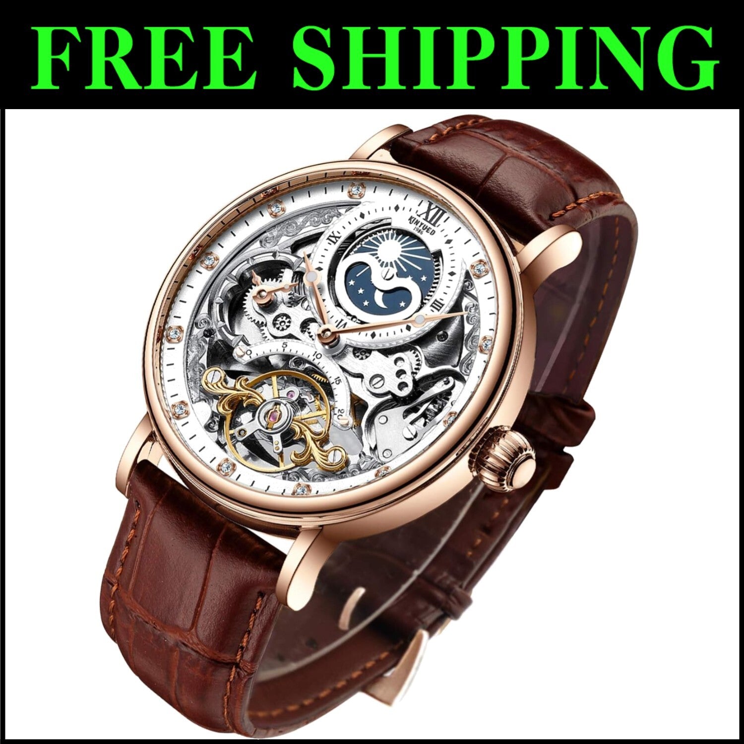 Men's Moon Phase Luminous Automatic Watch - Stylish, Waterproof & Battery-Free