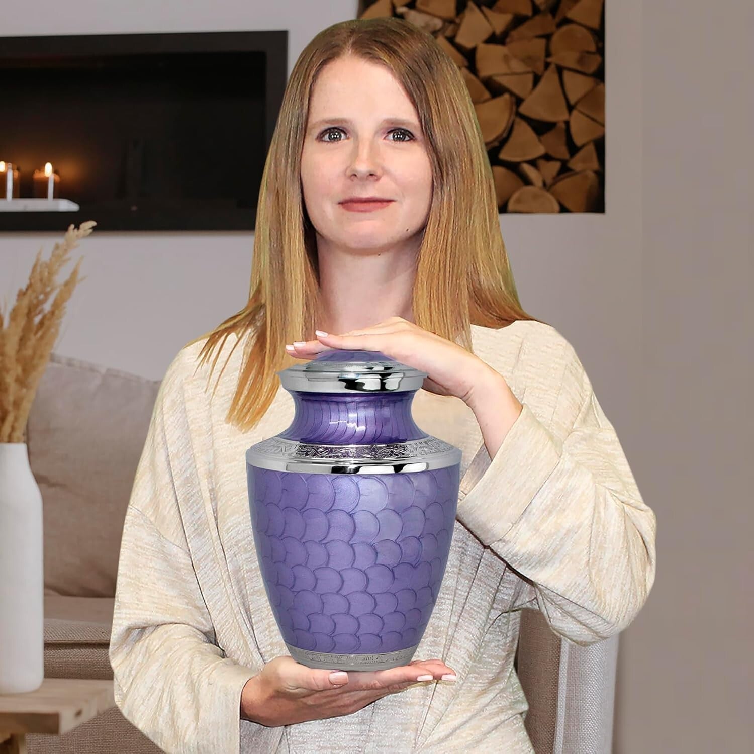 Elegant Brass Cremation Urn for Adult Ashes - Lavendar with Silver Lining