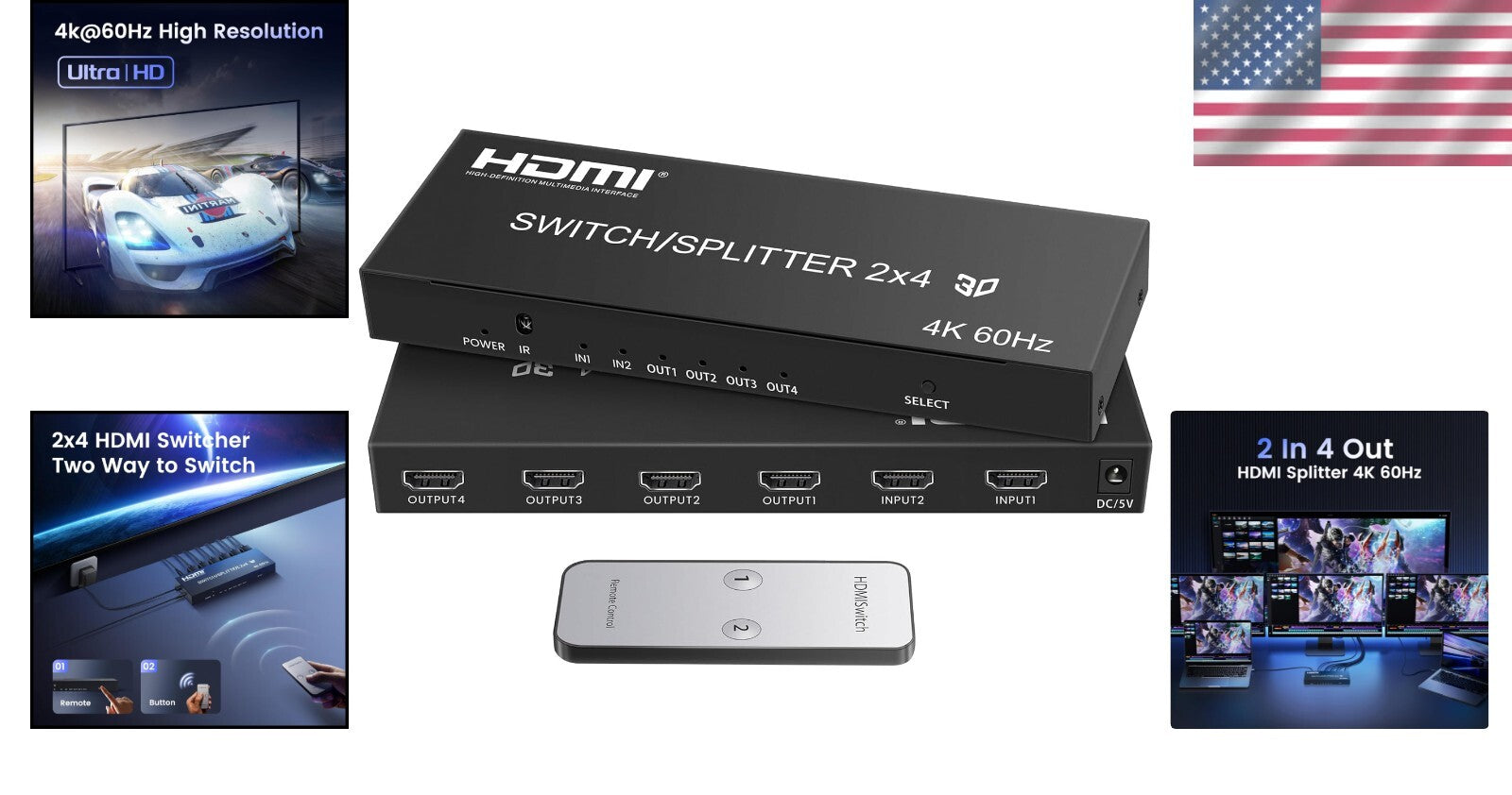 Versatile 4K HDMI Switch with Remote: 2 Inputs, 4 Outputs for Multiple Devices