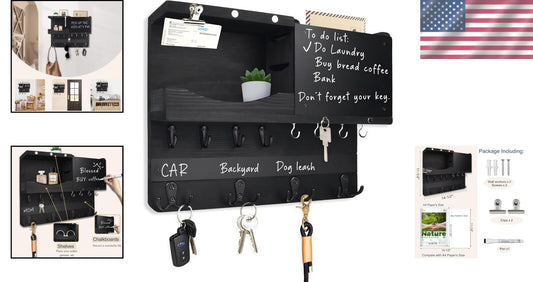Antique Finish Key and Mail Holder with Chalkboard and Rustic Shelf Design