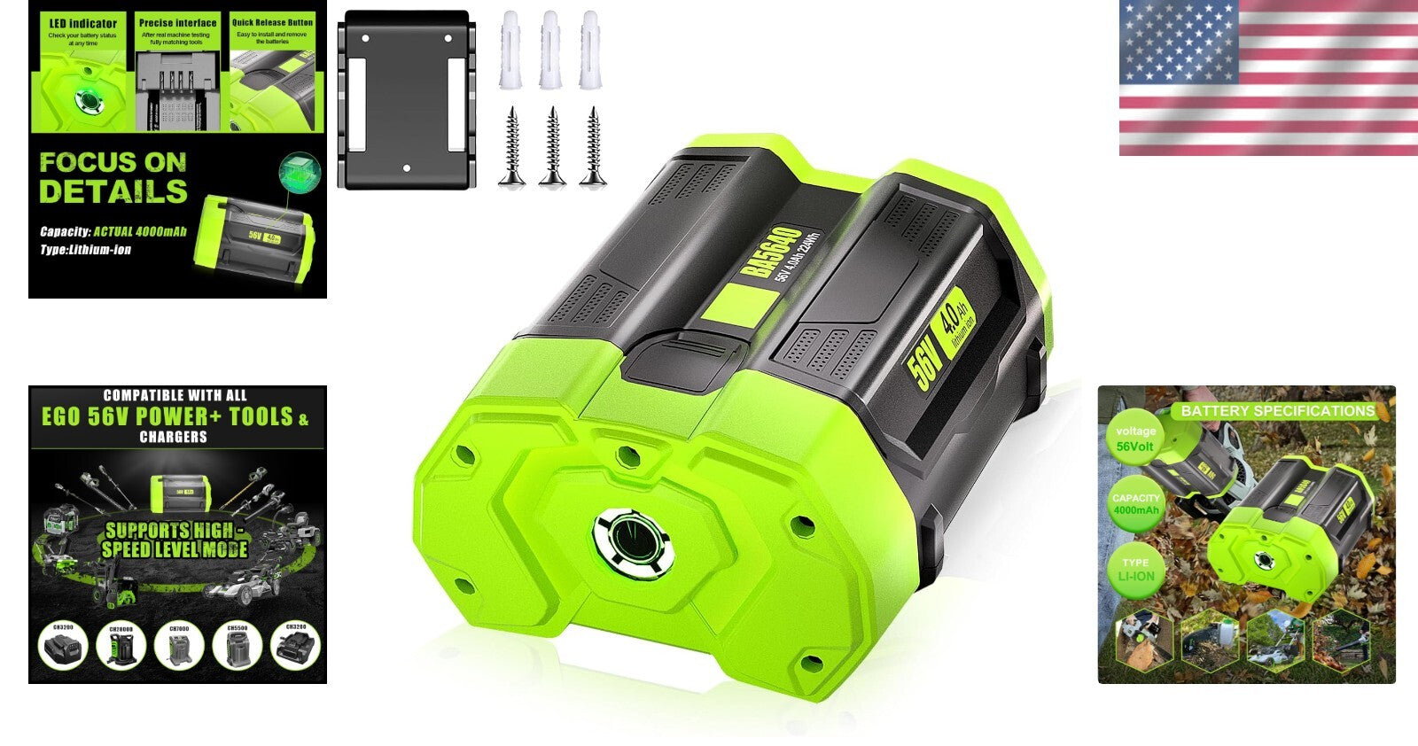 Durable 56V 4.0Ah EGO Replacement Battery with Power Indicator & Storage Holder