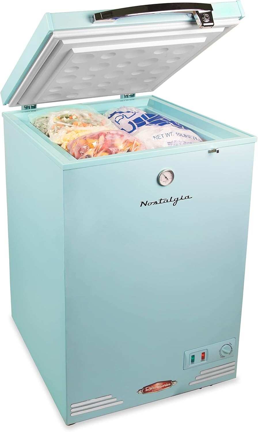 Aqua Retro Style Chest Freezer & Refrigerator - 3.5 Cu.Ft., Lock & Wheels