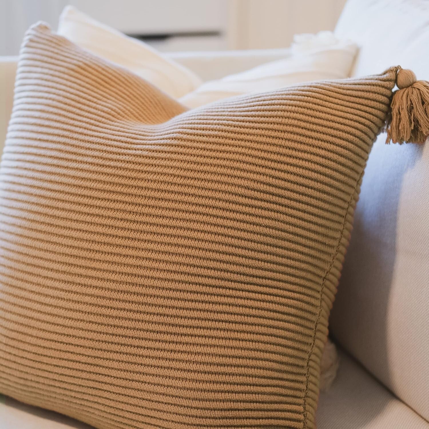 Stylish 100% Cotton Mocha Pillow Cover - 18x18 with Hidden Zipper & Tassels