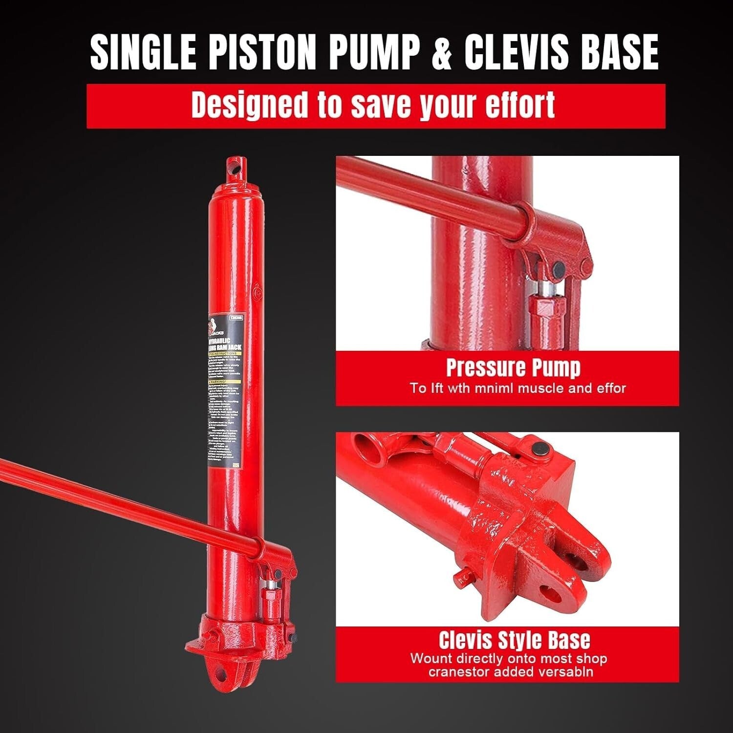 8 Ton Hydraulic Long Ram with Single Piston Pump - Versatile Clevis Base, Red