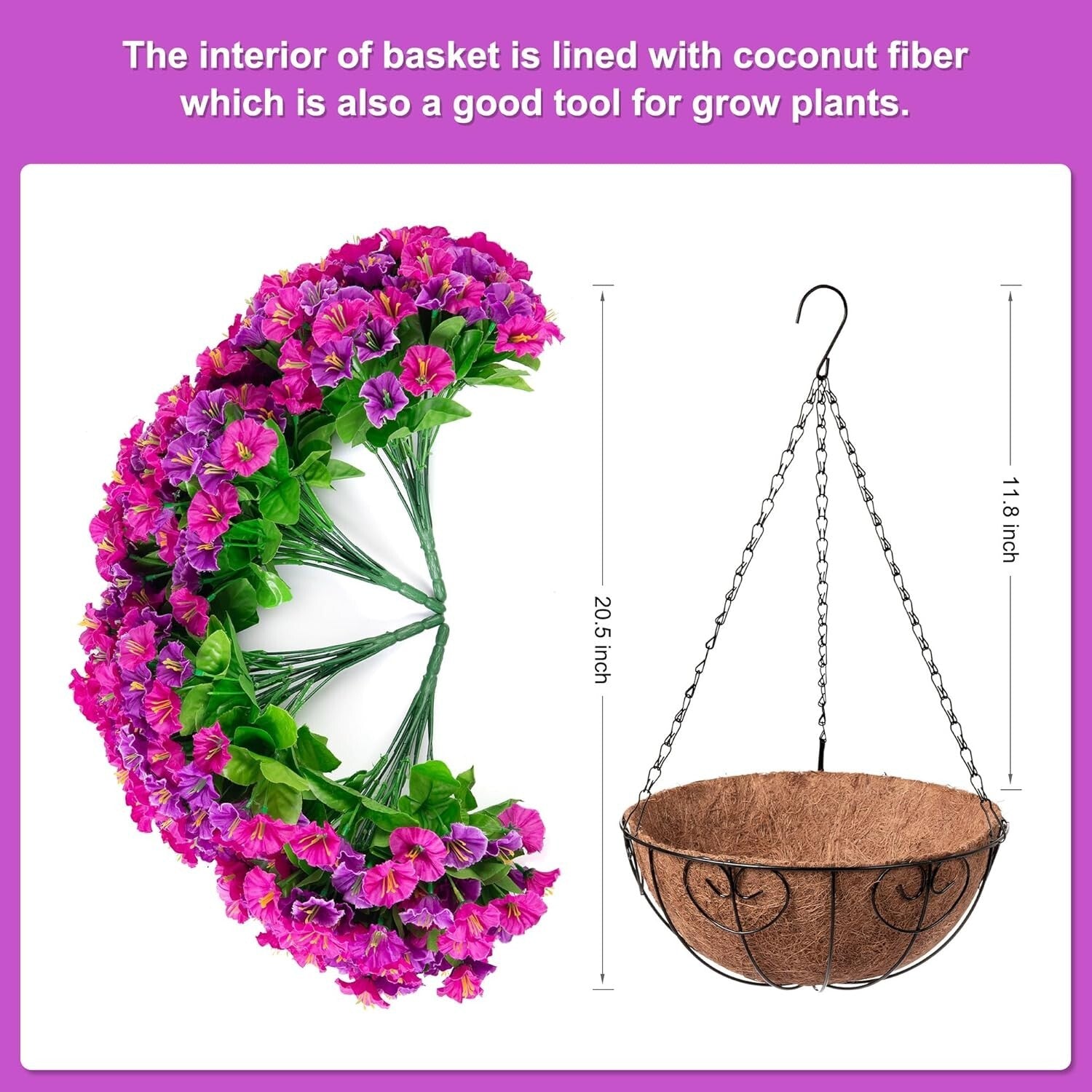 Elegant Faux Silk Petunias in Coconut Basket - Indoor/Outdoor Hanging Flowers