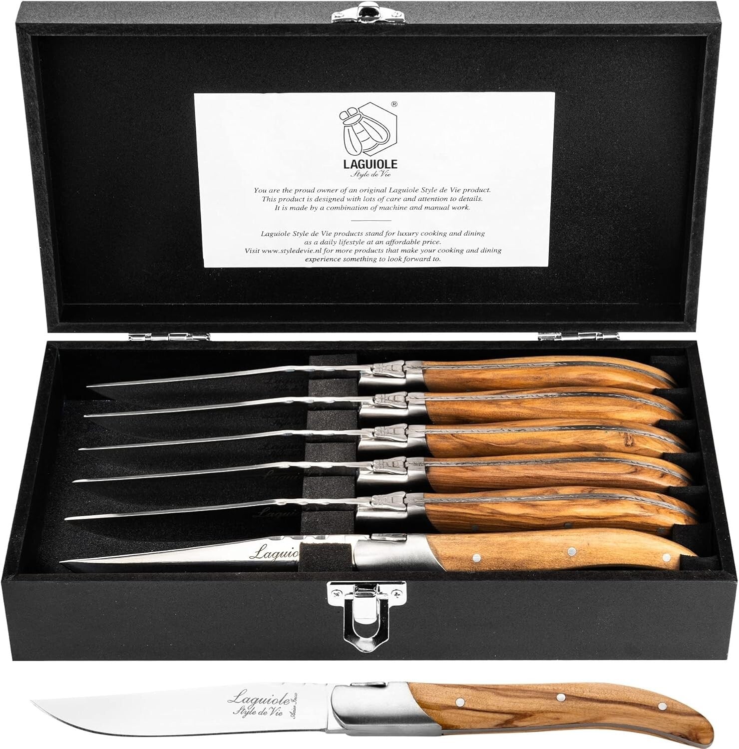Premium Stainless Steel Steak Knives with Olive Wood Handles - Set of 6