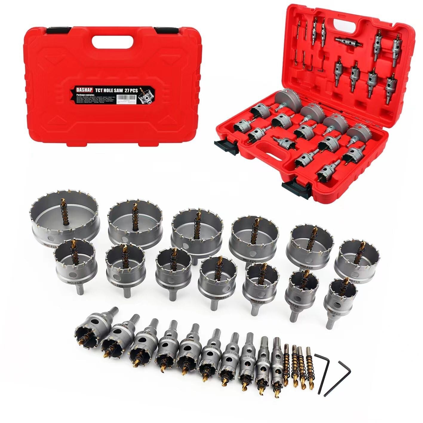 Compact 27PCS Hole Saw Set with Tungsten Carbide Bits for Steel & Iron Drilling