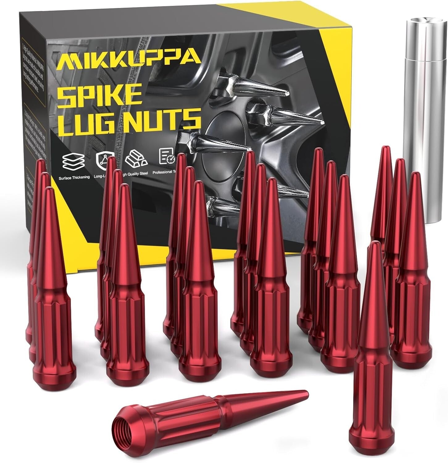 Durable 20pc Spike Lug Nut Set 1/2-20 - Red Chrome for Jeep Wrangler & Explorer