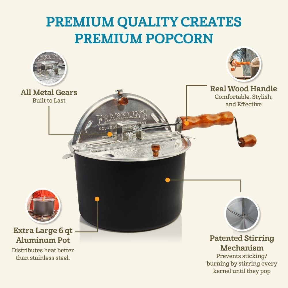 Authentic 6-Quart Stovetop Popcorn Maker with FREE Organic Kit for Movie Nights