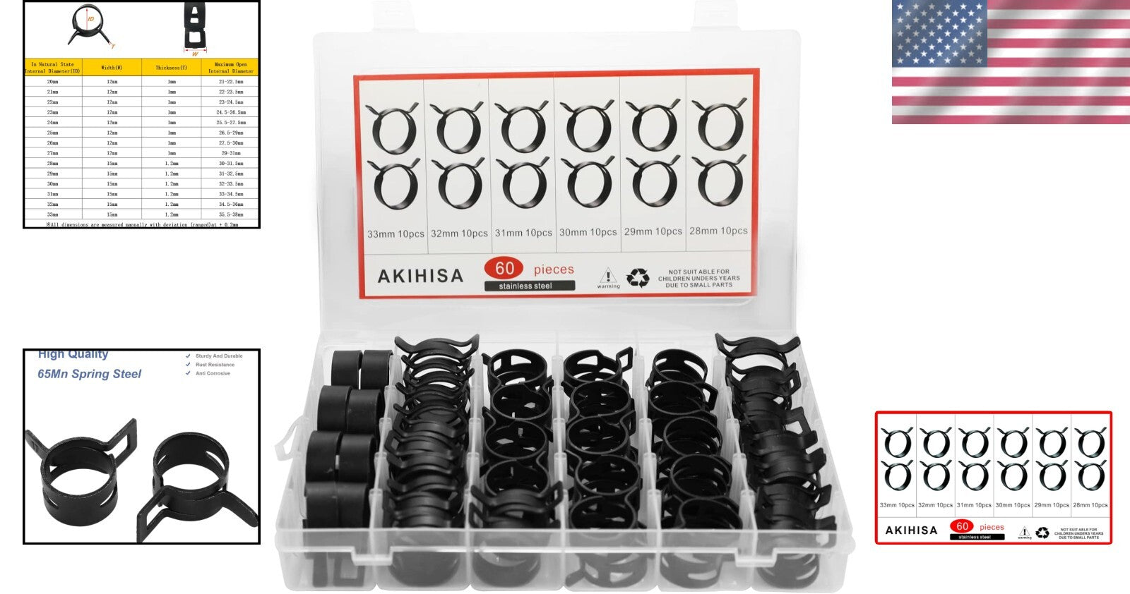 60-Pack Spring Steel Hose Clamps for Reliable Leak-Proof Connections (28-33mm)