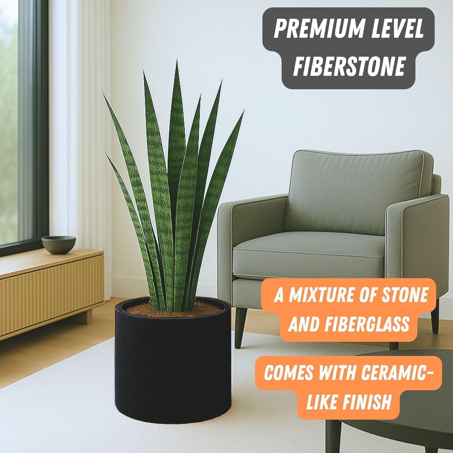 14.6 Inch XL Matte Black Fiberstone Planter with Drainage for Indoor/Outdoor