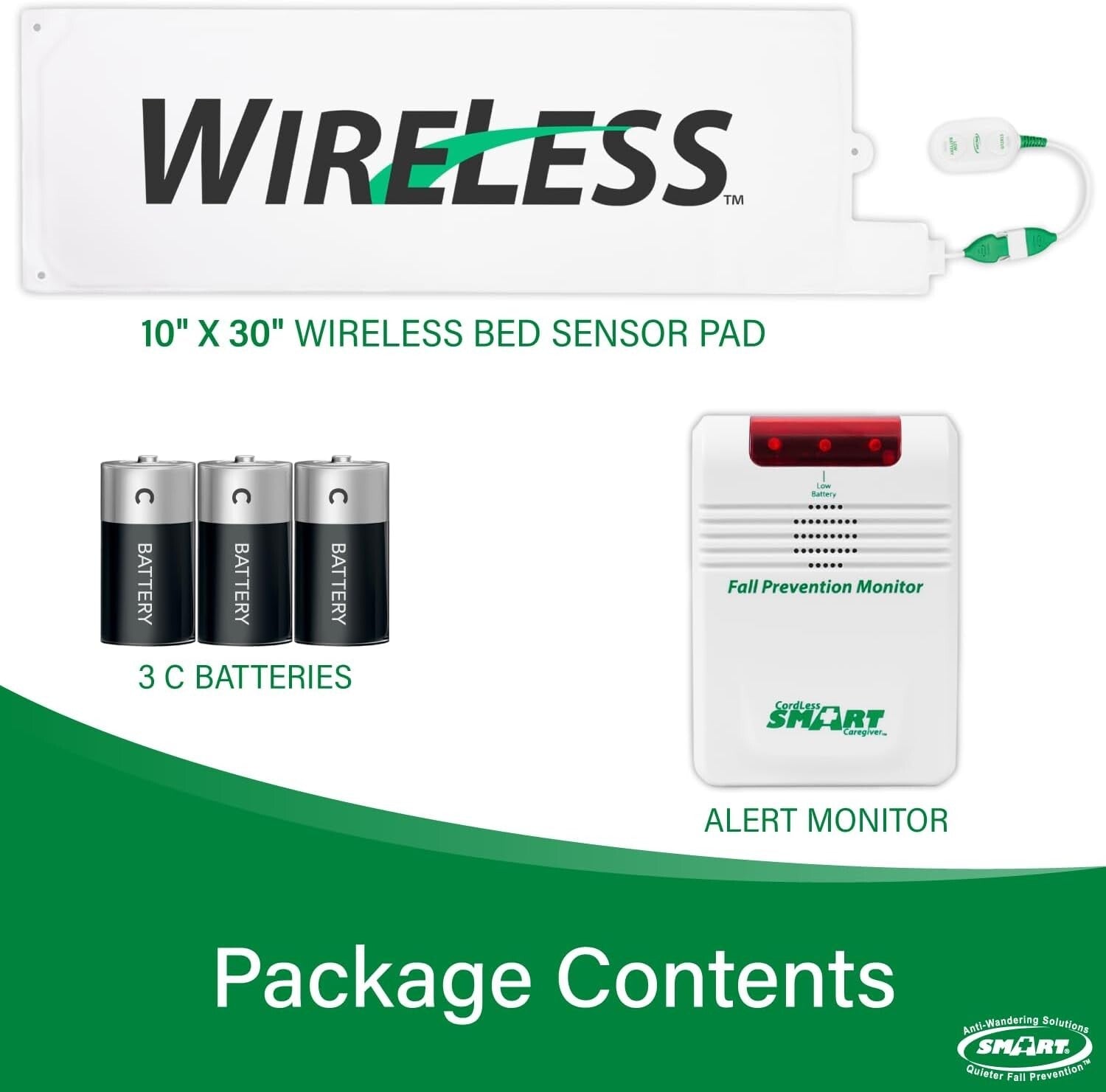 Smart Caregiver Wireless Bed Alarm System - 10x30” Safety Pad with Monitor