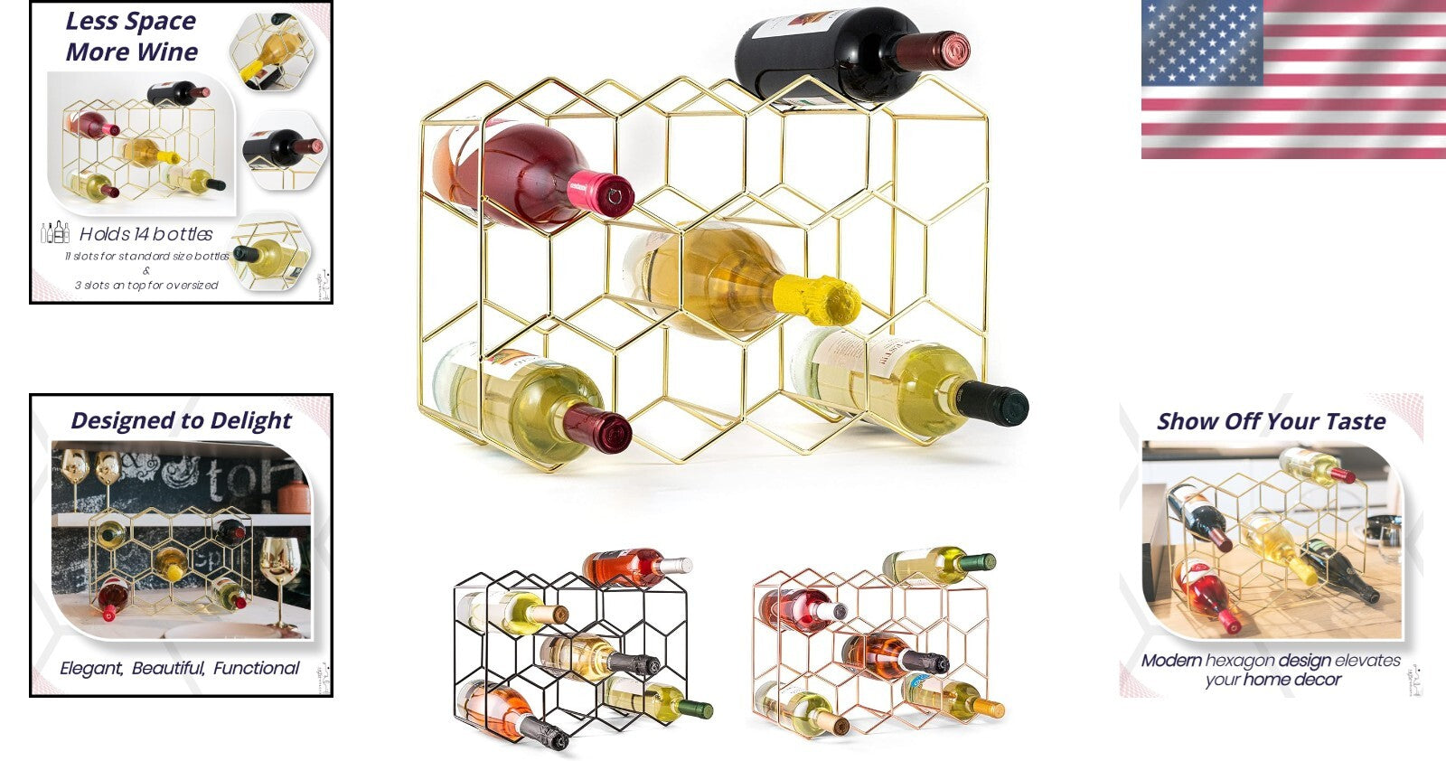 14-Bottle Countertop Wine Rack - Rust Resistant Gold Stand for Kitchen & Pantry