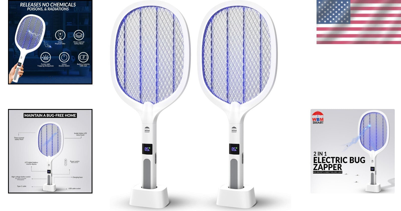 2-in-1 Electric Bug Zapper & Fly Swatter with Triple Safety Mesh, Pack of 2