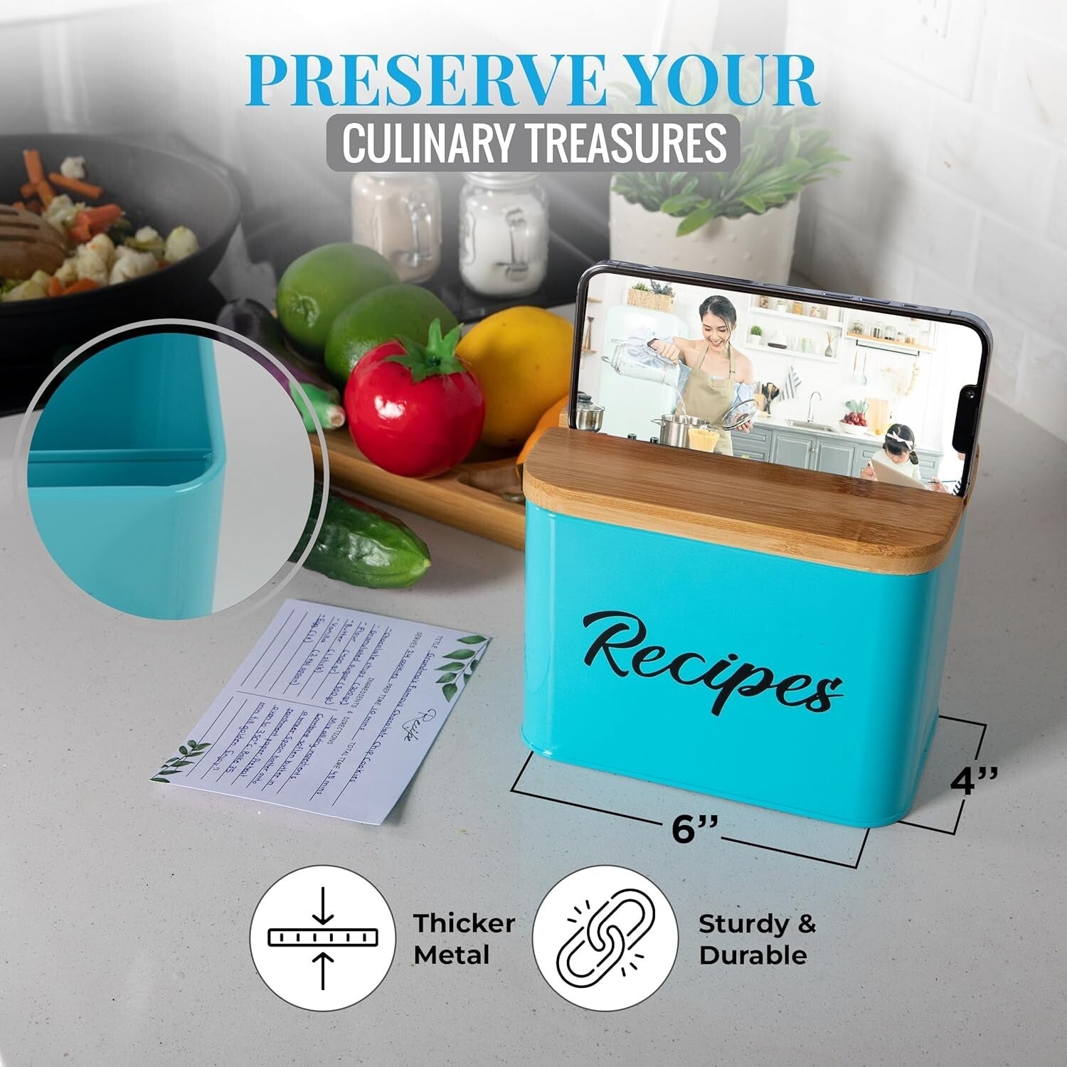 Organize Your Kitchen with our 4x6 Recipe Box - Metal with Cards & Dividers