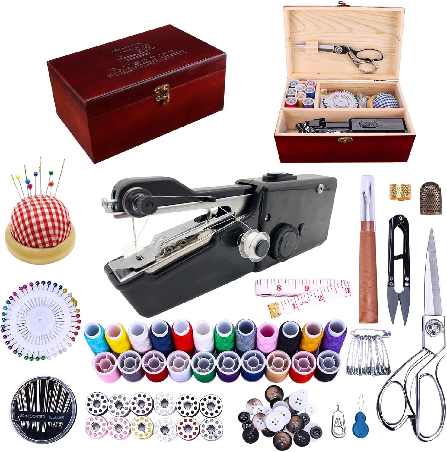 Elegant 153-Piece Mini Sewing Machine Kit in Stylish Wooden Box - Ideal Gift
