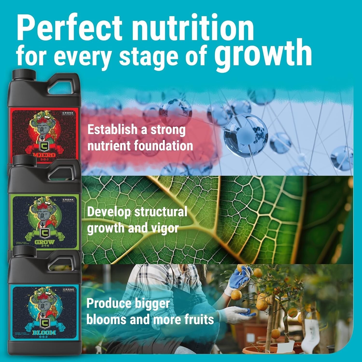 Cronk Nutrients 3-Part Plant Food Kit: Hydroponics & Bloom Booster, 4L Liquid