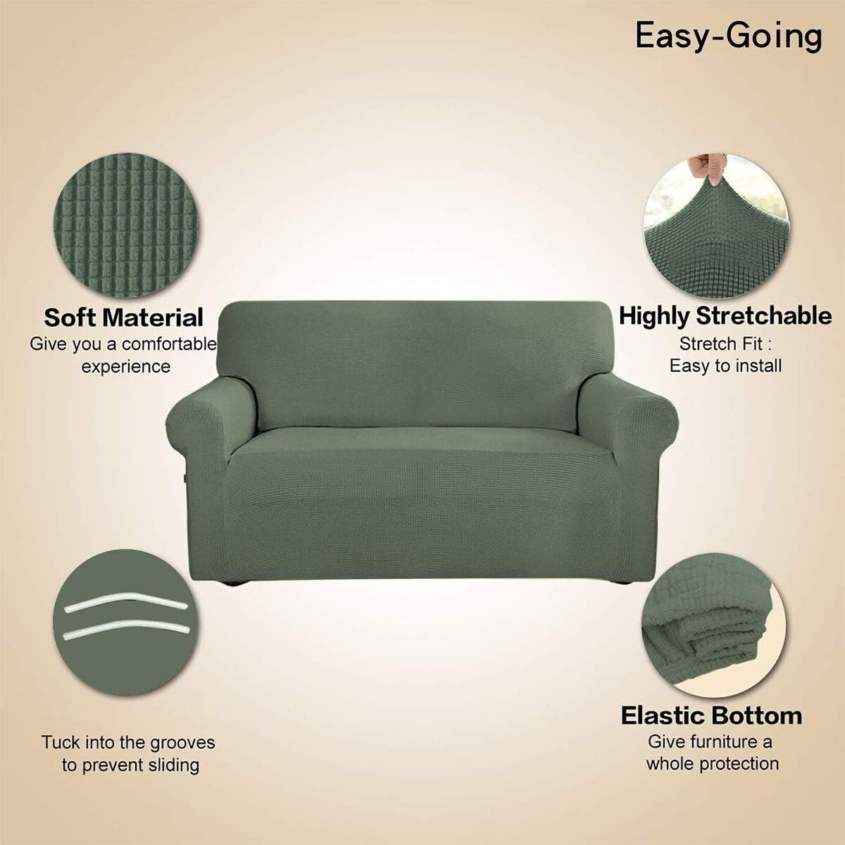 Greyish Green Stretch Loveseat Cover in Jacquard Fabric - Easy Care and Stylish