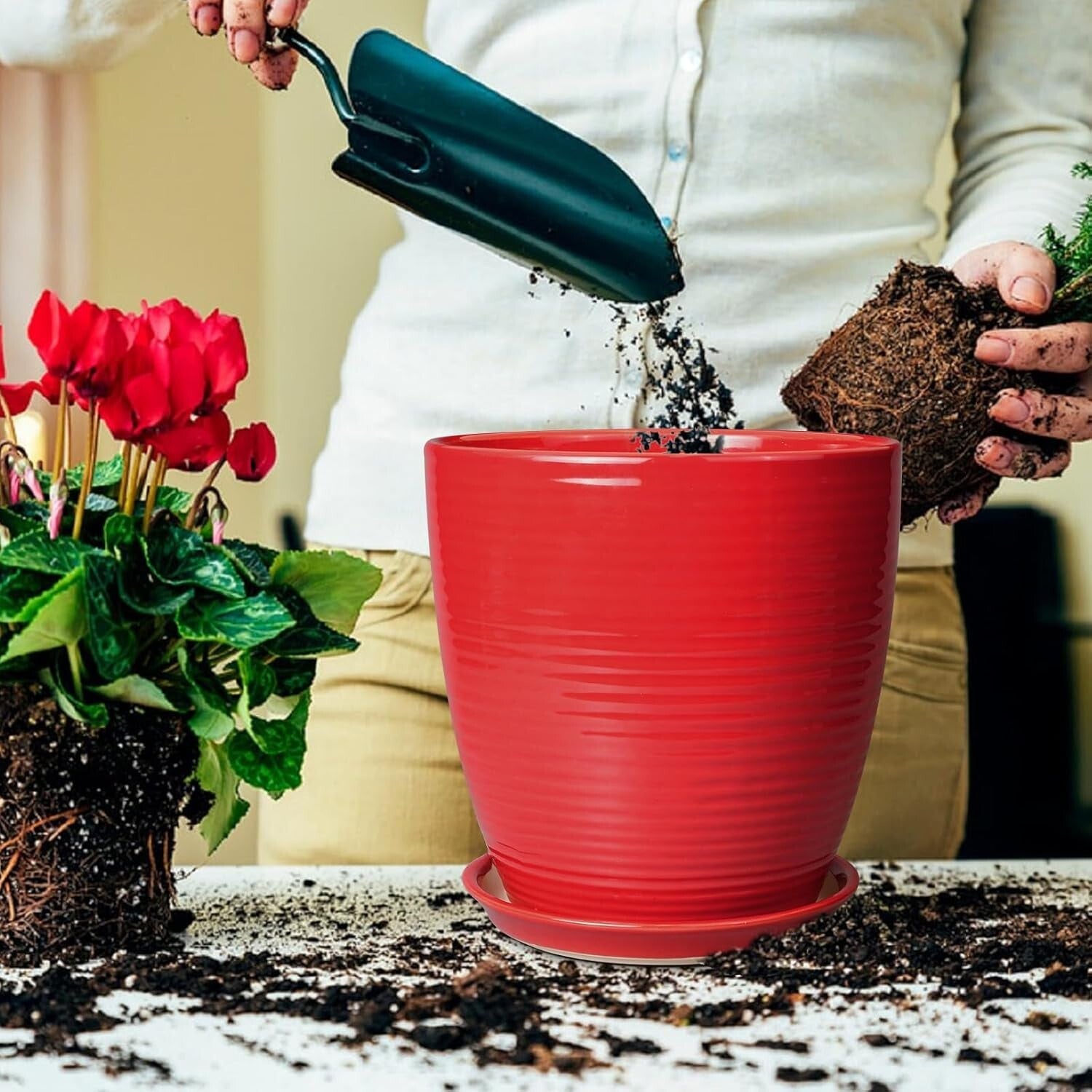 Stylish Round Red Ceramic Planter 10 Inch - Perfect for Flowers & Gifts