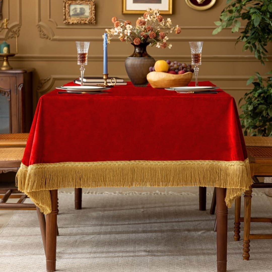 Elegant 60x120-Inch Red Velvet Tablecloth with Gold Tassel for Luxurious Dining