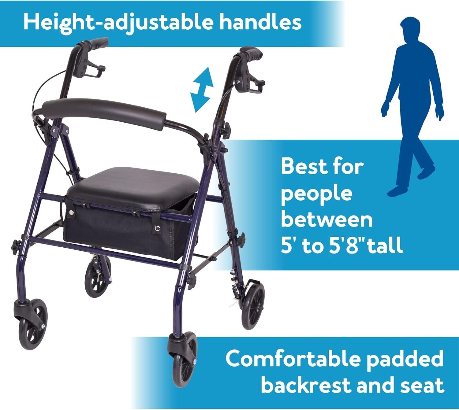 Portable Steel Rollator Walker with Seat and Locking Wheels - Ideal for Seniors