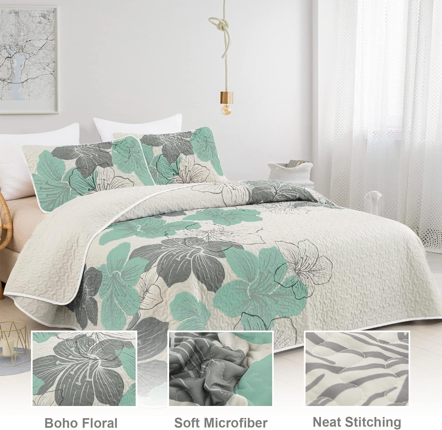 Floral Pattern King Quilt Set - Elegant Soft Microfiber Bedspread for Bedrooms