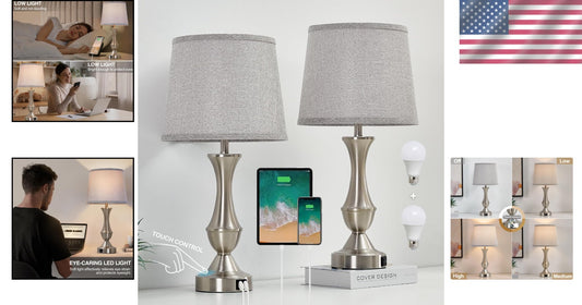 Elegant 22" Table Lamps Set with Touch Control and USB Charging - Silver & Grey