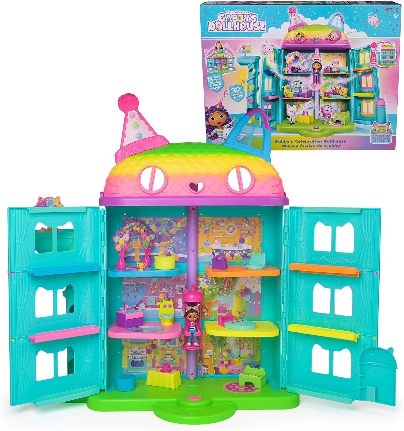 Gabby's 14-Pc Interactive Dollhouse Set - 25-Inch Celebration Toy for Kids