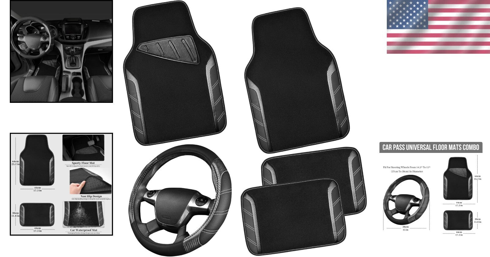 Carbon Fiber Black Steering Wheel Cover & Waterproof Car Mats for All Vehicles