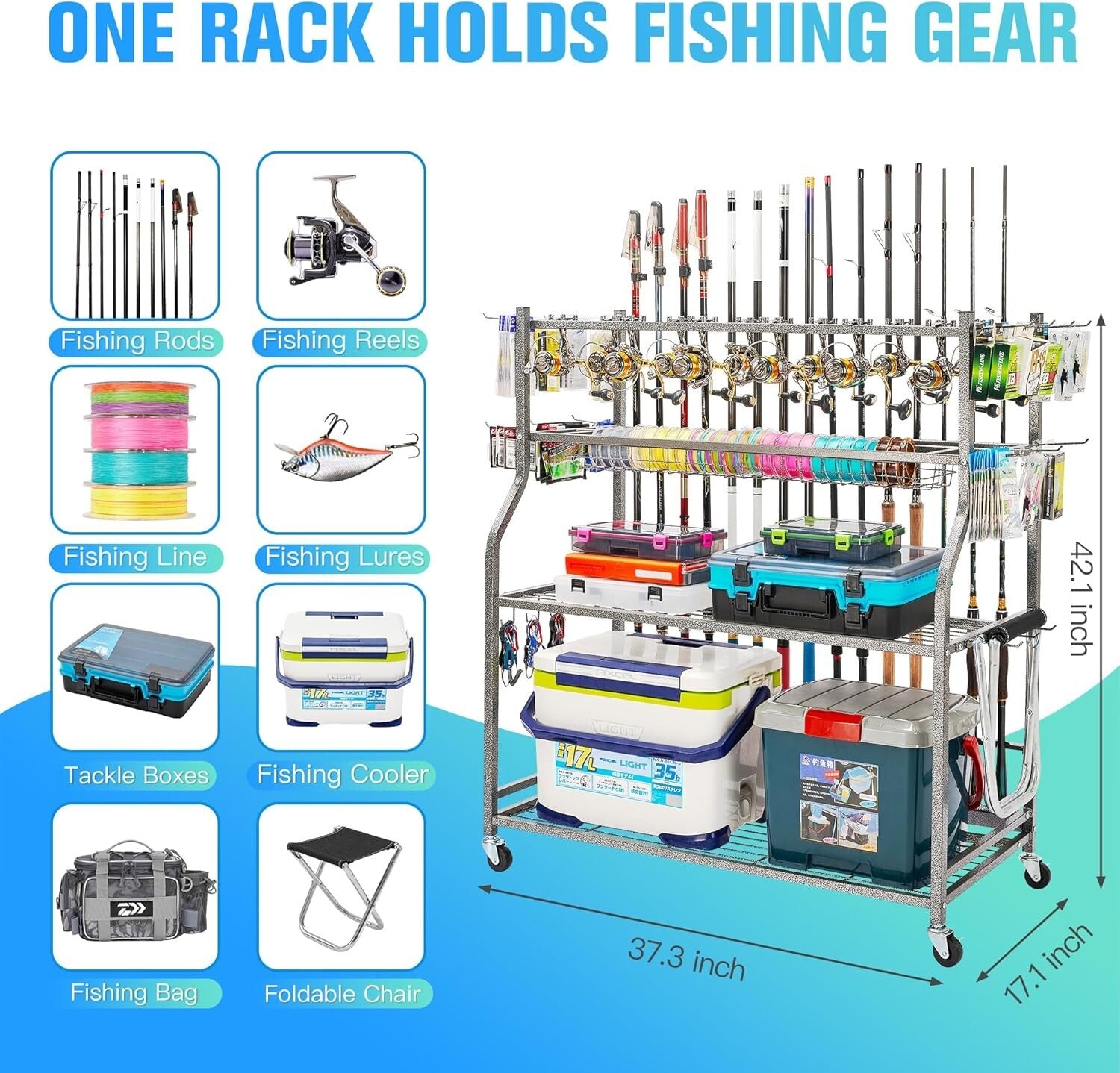 Multi-Functional Fishing Gear Organizer Rack with Smooth Rolling Caster Design