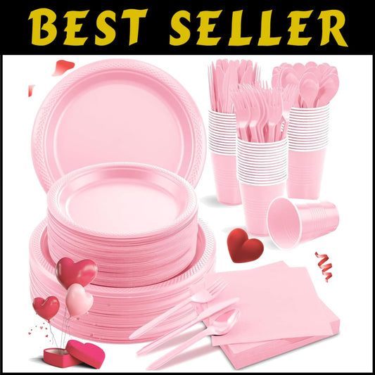 MirthMood 350-Piece Pink Party Set - Plates, Cups & Cutlery for 50 Guests