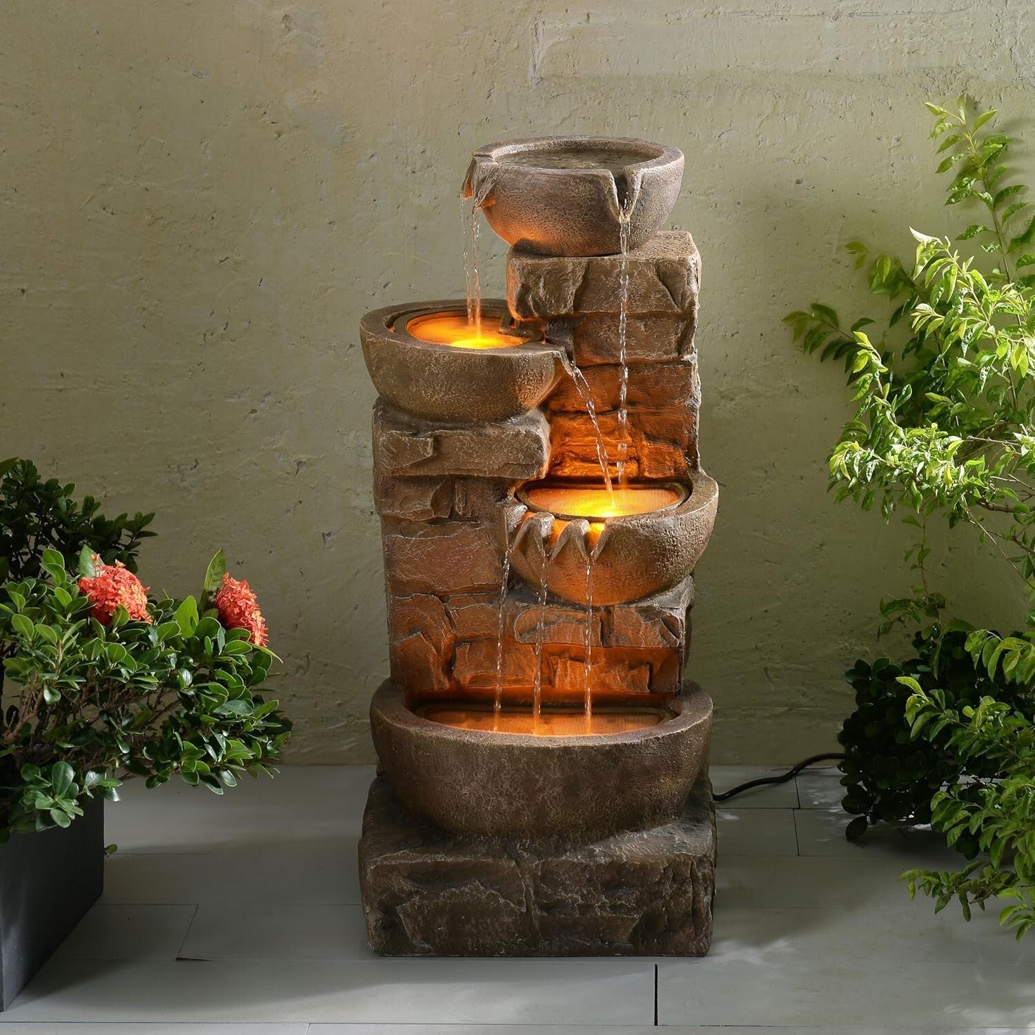 5.51-Gallon Cascading Bowls Garden Fountain with LED Lights - Relaxing Ambiance
