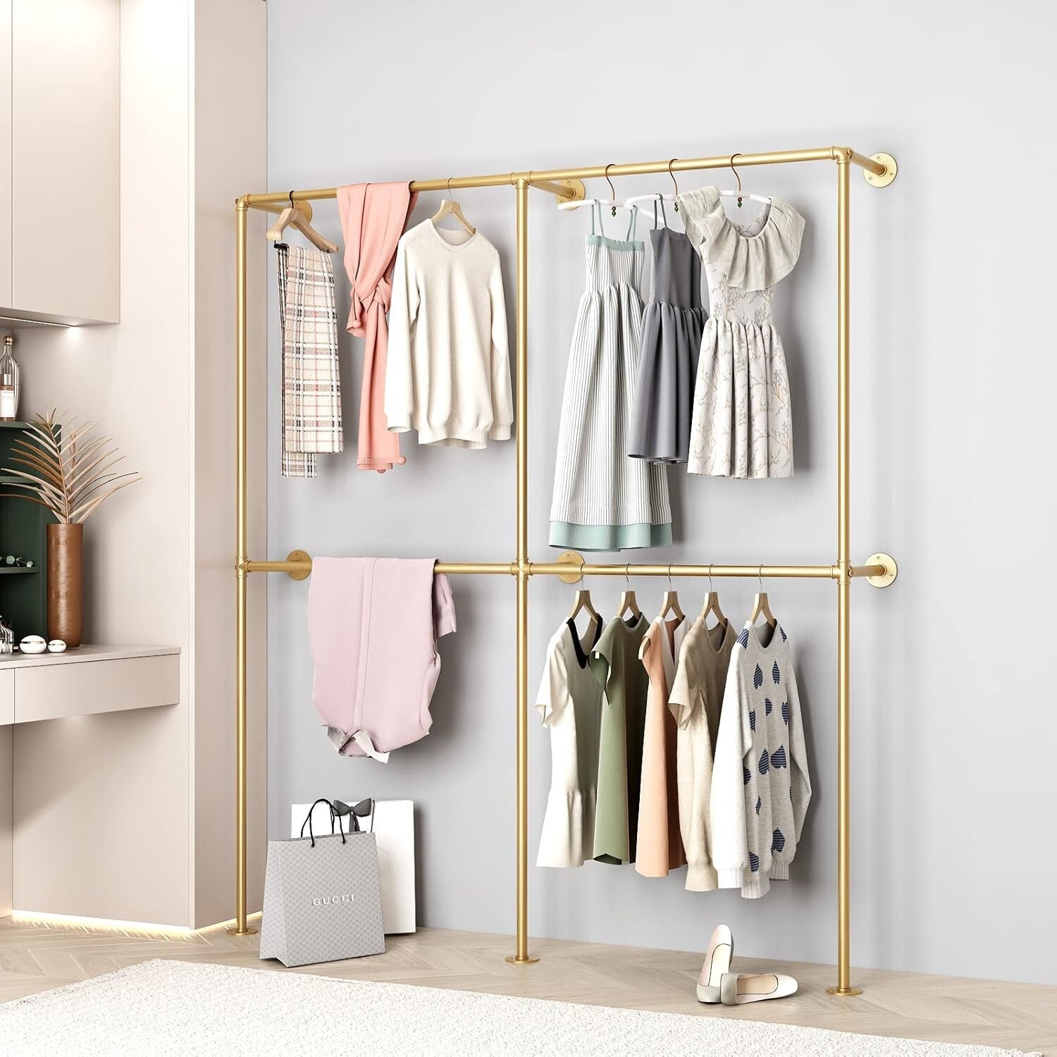 Industrial Gold Wall-Mounted Clothing Rack with Double Rods for Elegant Storage
