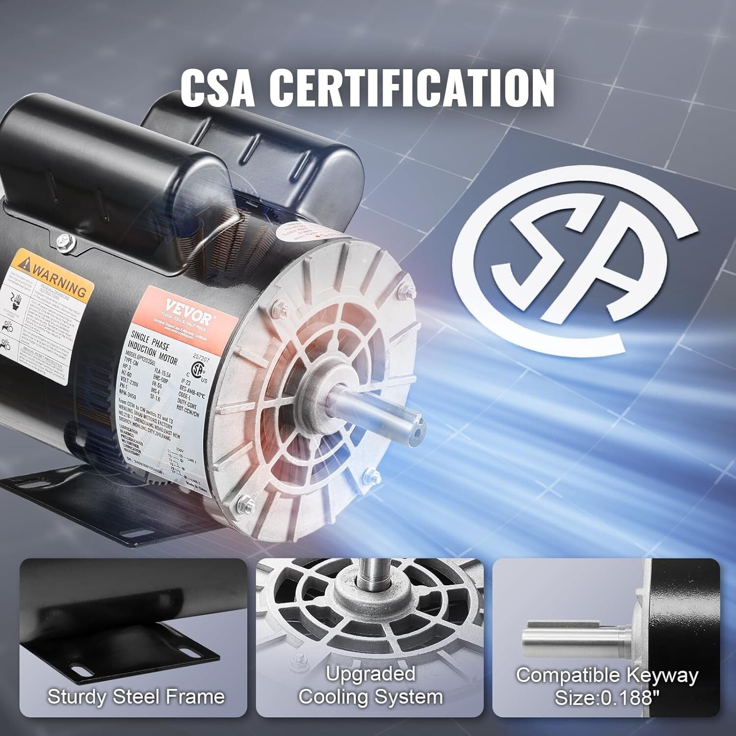 High Efficiency 3HP Compressor Motor - 3450 RPM with Keyed Shaft for Air Tools