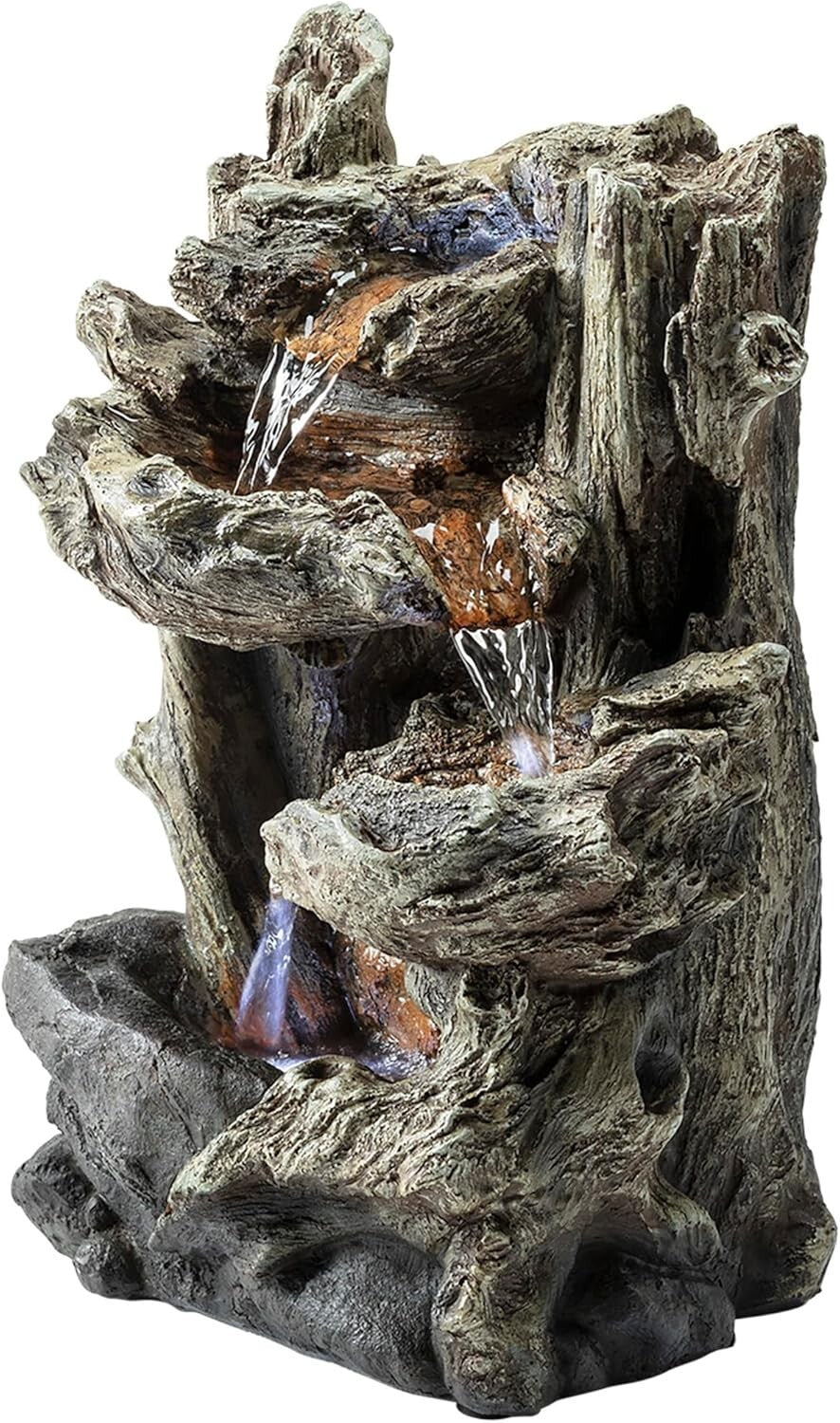 Compact 14" Tall Log Fountain with Cascading Water & LED for Indoor Serenity