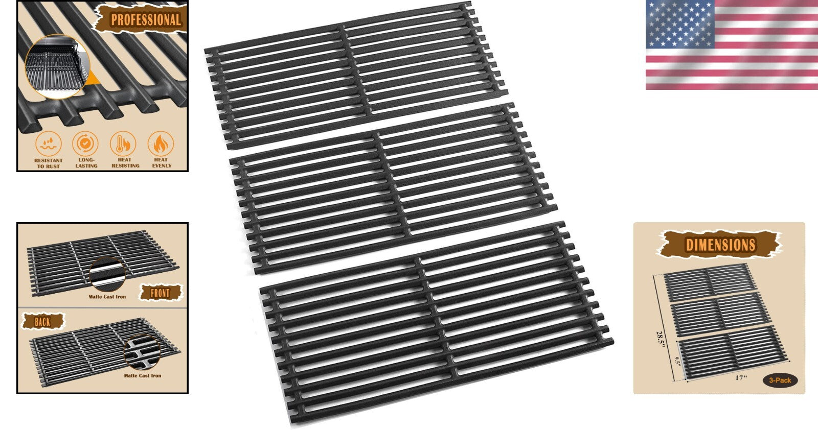 17" Cast Iron Replacement Grates for Charbroil Tru Infrared Gas Grills - 3 Pack