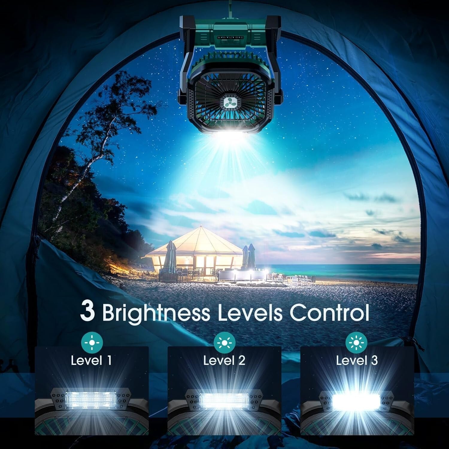 Ultra-Quiet 4-Speed Portable Fan with 3 Brightness Levels for Camping Adventures