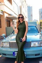 Load image into Gallery viewer, Luxurious Army Green Satin Maxi Dress - Sleeveless High Neck Cocktail Gown