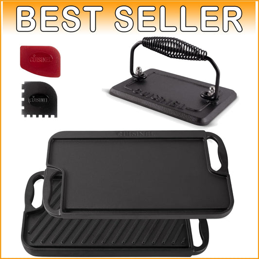 Durable Cast Iron Grill/Griddle Combo - 16.75" x 9.5" + Essential Cleaning Tools