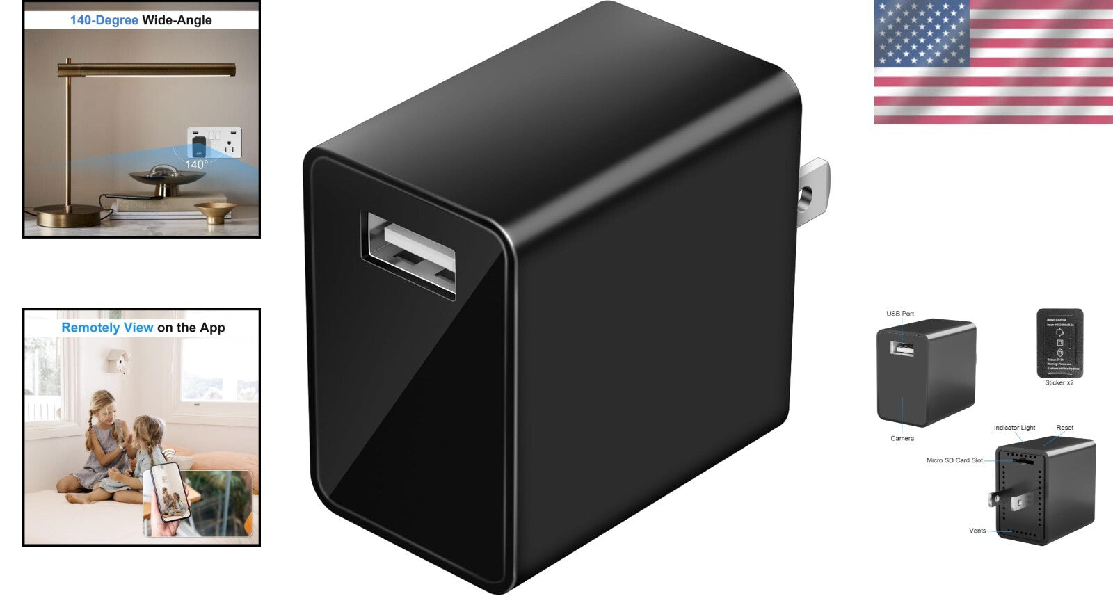 140-Degree USB Charger Security Camera - Real-Time Monitoring in Full HD 1080P