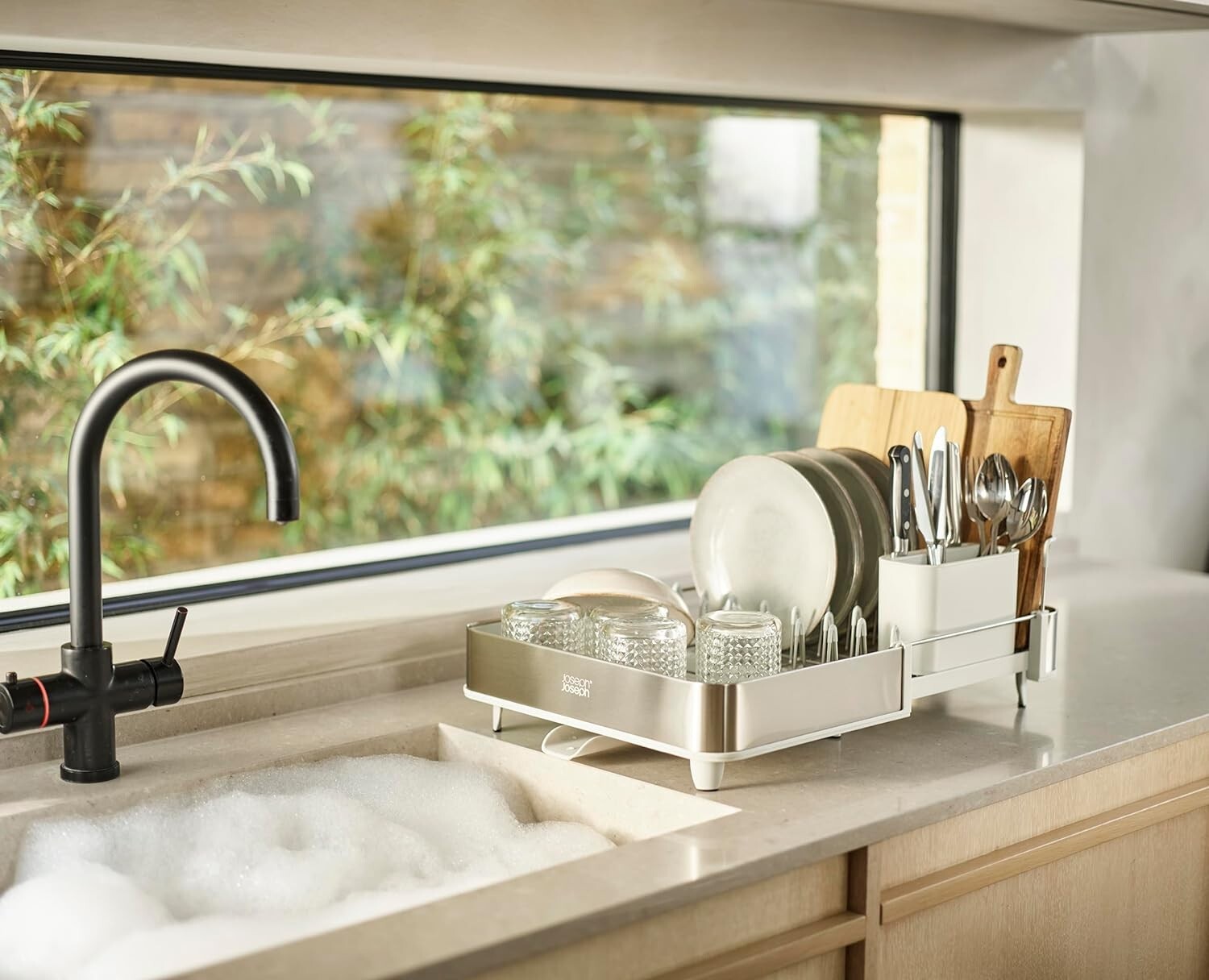 Premium Expandable Dish Rack with Removable Cutlery Holder & Drainage System