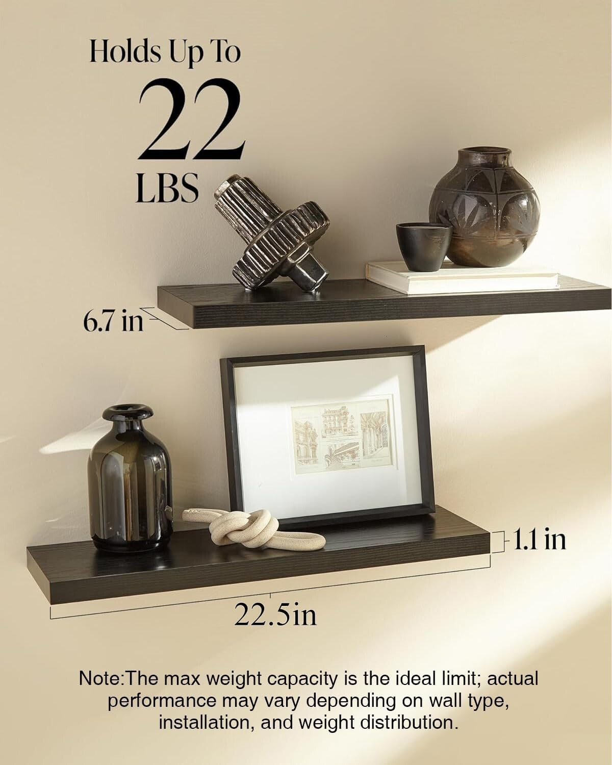 Rustic 22.5-Inch Floating Shelves - Wall-Mounted Wood Set of 2 for Stylish Decor