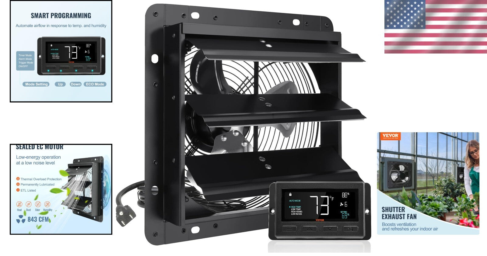 ETL Listed 10-Speed Exhaust Fan with Temperature & Humidity Control - 820 CFM