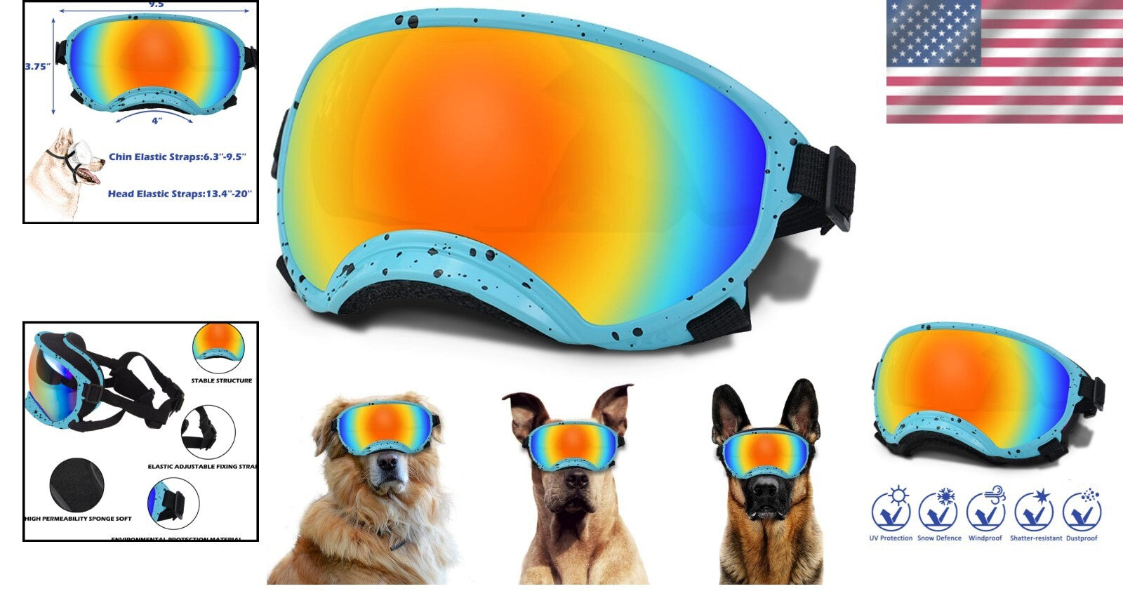 Large Adjustable Dog Sunglasses with UV Protection - Windproof Pet Eyewear