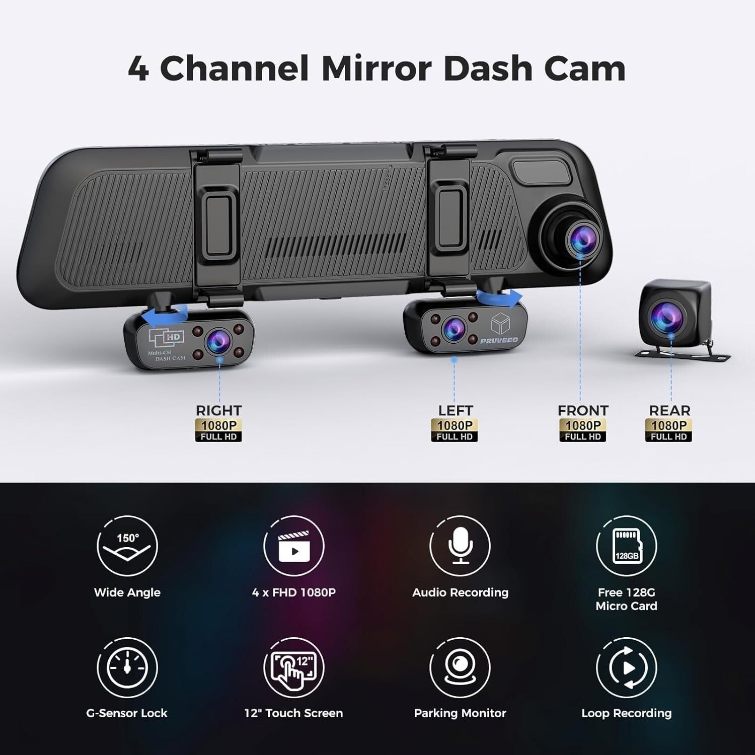 12'' 4-Channel Mirror Dash Cam with 360° View, GPS & Night Vision - 128GB Card